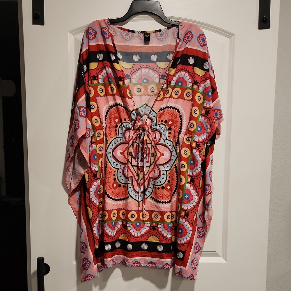 SHEIN Pink and Black Graphic Dolman Sleeve Swim Cover-up